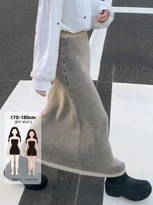Dazy Tall Rok Rajut Kasual Serbaguna Warna Polos untuk Wanita - Aprikot - View 1