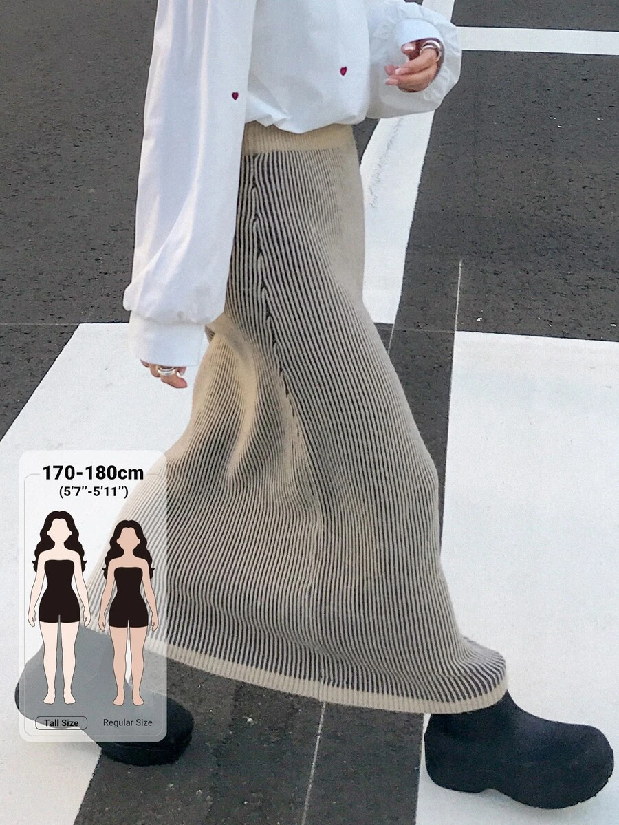 Dazy Tall Rok Rajut Kasual Serbaguna Warna Polos untuk Wanita - Aprikot - View 1