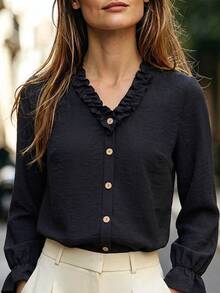 LUMIGAL Women's Spring/Autumn Patchwork Ruffle Hem Solid Color Fashion Elegant Boho Casual Blouse Everyday Travel Black - Black - View 3