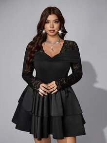 Viva Relle Plus Size Women's Elegant V-Neck Lace Patchwork Solid Fabric Elegant Ruched Collar T-Shirt, Daily Wear, Commute Wear Fall - Black - View 3