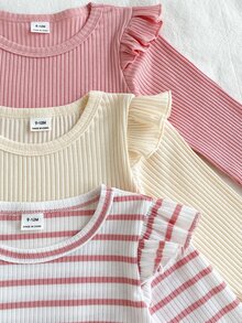 SHEIN 3pcs Baby Girls Ribbed Flutter Sleeve Long Sleeve T-Shirts, Autumn/Winter New Round Neck Tops, Including Ribbed And Solid Color, Sweet Versatile Base Layer For Little Girls - Multicolor - View 6