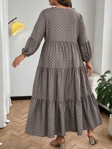 Vionelle 大尺碼女款法式休閒優雅波點植絨長袖洋裝 - 咖啡棕 - 查看 2