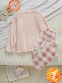 Tween Girl Cartoon Cloud Embroidered Top And Plaid Pants Loungewear Set - Pink - View 2