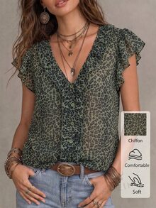 Solivie 女款豹紋拼接荷葉邊單排扣休閒襯衫 - 綠色 - 查看 1