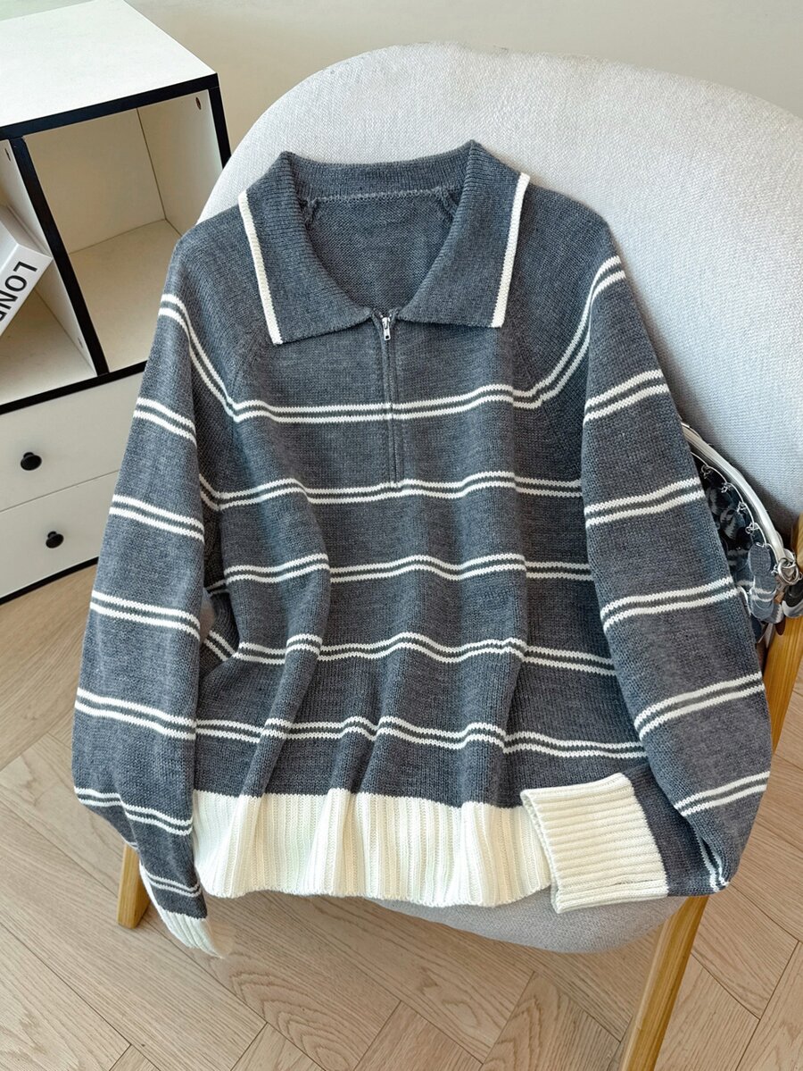 EMERY ROSE Plus Size Women's Casual Traditional Loose Colorblock Gray Lapel Zip Half-Placket Raglan Long Sleeve Pullover Sweater Teacher Birthday Autumn Winter - Grey - View 1