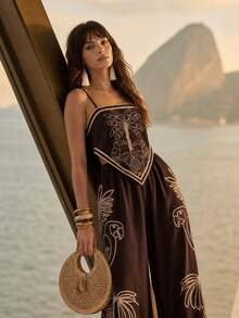 CAJUNI Chic Vacation Tropical Rope Top And Pants Coord - Brown - View 5