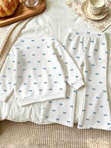 SHEIN 1套蝴蝶結圖案運動衫套裝，適合4-7歲女孩秋冬穿著，舒適可愛休閒日常風格 - 彩色 - 查看 2
