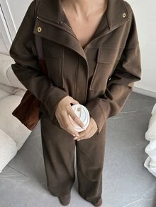 DAZY Women's Solid Color Zipper Front Jacket And Pants Casual 2 Pieces Set Fall - Chocolate Brown - View 1