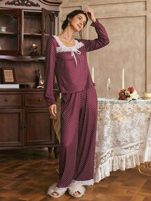 Côtesoire Set Piyama Wanita Motif Polkadot Romantis Prancis dengan Warna Kontras dan Patchwork Renda, Lengan Panjang dan Celana Panjang - Burgundy - View 6