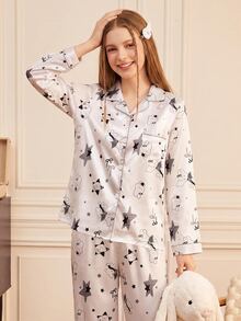 Provexi Provexi Women's Long Sleeve Long Pants Cartoon Print 2 Pieces Pajama Set - White - View 1