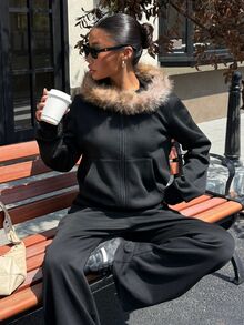 Muchica Black Knit Patchwork Wool Sweatshirt Casual Set, Women's Sports Zipper Set Suitable For Parties, Women's Office Wear, Christmas, New Year, Thanksgiving, Parties, Weddings, Graduation Ceremonies, Elegant, Outings, Dates, Elegant, Y2K, Graduation Ceremonies And More - Black - View 6