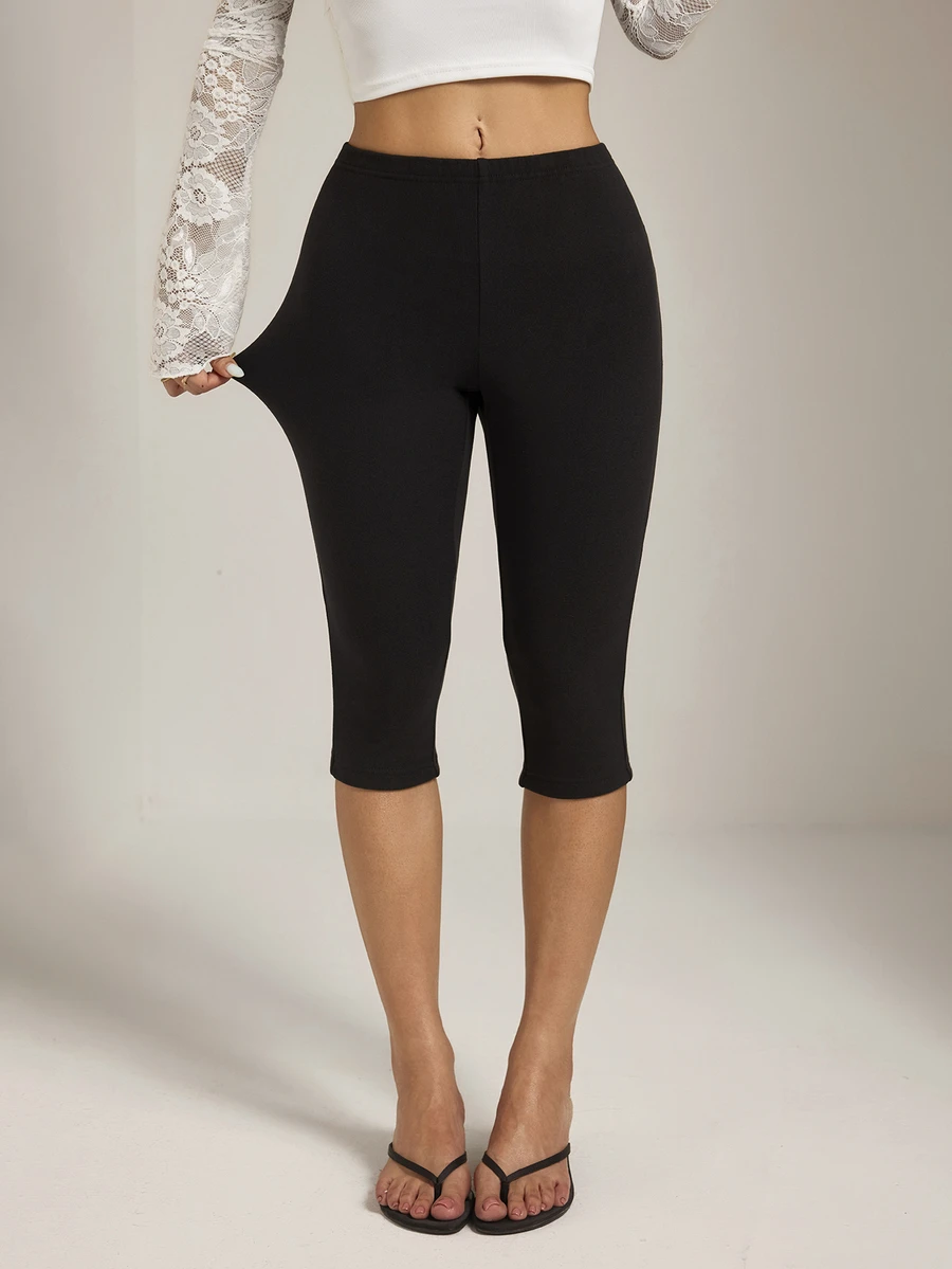 SHEIN PETITE 女款純色休閒百搭日常穿著緊身內搭褲 - 黑色 - 查看 1