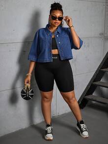 SHEIN CURVE+ Jaket Denim Lengan Pendek Biru Non-Stretch untuk Wanita Ukuran Plus Cowgirl Outfit - Dark Wash - View 4