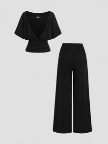 Sweetra New Waist-Cinching Top And High-Waist Straight-Leg Pants 2 Pieces Set, Suitable For Commuting And Street Wear - Black - View 2