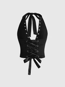ROMWE Grunge Punk Set 2 Potong untuk Wanita Ukuran Plus: Atasan Tank Top Model Halter Neck Pendek dengan Motif Bintang Punk dan Rok Mini Pinggang Sangat Rendah - Hitam - View 8