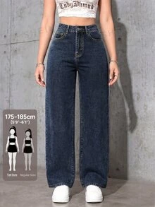 SHEIN Tall Celana Jeans Kasual Warna Polos Serbaguna untuk Wanita Tinggi - Dark Wash - View 1