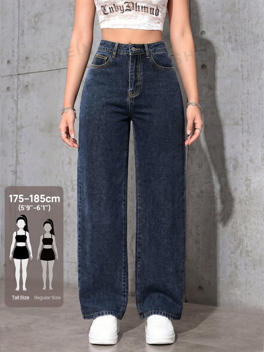 SHEIN Tall Celana Jeans Kasual Warna Polos Serbaguna untuk Wanita Tinggi - Dark Wash - View 1