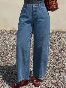 Dazy Plus Solid Color Loose Curved Leg Casual Streetwear Summer Denim Cropped Jeans Fall - Medium Wash - View 5