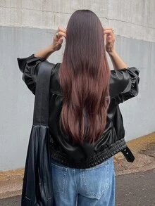 FRIFUL Jaket Kasual Wanita Lengan Panjang Kancing Tunggal Potongan Reguler Bahan Kulit PU Warna Polos untuk Musim Gugur - Hitam - View 4