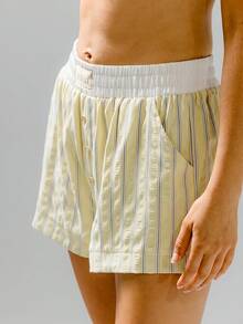 Aralina Stripe Contrast Waist Button Casual Lounge Shorts - Yellow - View 4