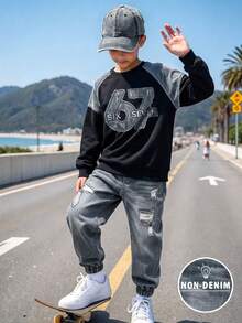 Casuvi Kids Teen Boys 2-Piece Sweatshirt Set, Denim Look Digital Print Patchwork Black Sweatshirt With Number 67, Distressed Print Joggers, Streetwear - Multicolor - View 1