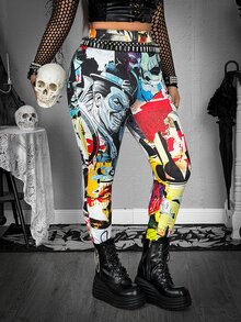 Whyspr Harley Quinn X SHEIN Plus Size Women's All-Over Print Casual Daily Tight Leggings - Multicolor - View 5