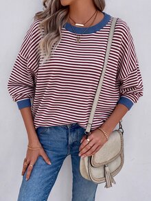 EMERY ROSE Áo len dệt kim tay dài vai trễ họa tiết kẻ sọc phối viền tương phản cho mùa thu/đông - Đỏ - Xem 4
