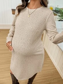 SHEIN Maternity Round Neck Long Sleeve Casual Loose Fit Dress Fall - Khaki - View 6