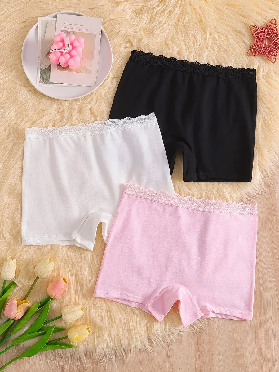 SHEIN 3 قطع ملابس داخلية قصيرة للبنات من القطن مريحة بتصميم بسيط وعصري متعددة الألوان مع دانتيل للاستخدام اليومي - متعدد الألوان - مشاهدة 1