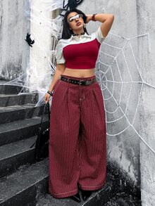Jeanoix Y2K Plus Size Women Non-Stretch Denim Straight Leg Pants Burgundy Striped Design Straight Leg Long Pants Cowboy Outfits For Women - Red - View 7