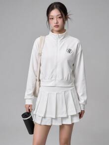DAZY Women's Zip-Up Long Sleeve Jacket And Pleated Mini Skirt Sports Set Fall - White - View 6