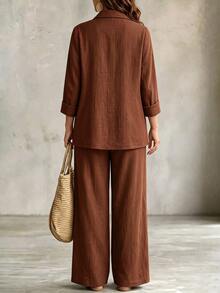 Linhara CURVE Plus Size Women Spring/Autumn Solid Color Faux Linen Open Front Button-Up Double Pocket Casual Elegant Commute Blazer + Elastic Waist Pocket Loose Long Pants Music Festival Club 2-Piece Set - Brown - View 2
