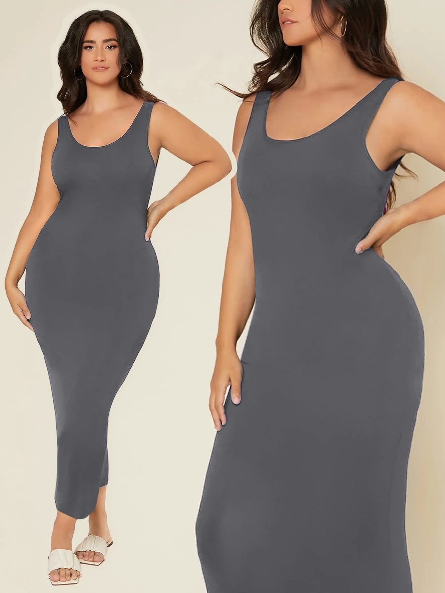 SHEIN BASICS 大尺碼純色緊身夏季女裝洋裝,優雅女款夏季穿搭洋裝 - 深灰色 - 查看 1
