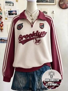 SHEIN 女款純色撞色半拉鍊極簡時尚校園運動衫，適合外出、上學、通勤、購物及其他休閒場合 - 彩色 - 查看 5