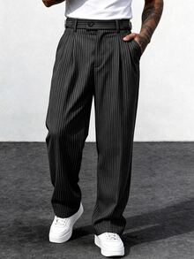 Manfinity Mode Men's Black Striped Suit Pants, Light Business Casual Loose Fit Fashion Versatile Long Pants - Black - View 1