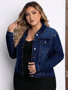 SHEIN CURVE+ Plus Size Women's Single-Breasted Casual Daily Denim Jacket - Dark Wash - View 8