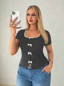 Auralis Plus Size Summer Casual Bowknot Decor T-Shirt - Dark Grey - View 2