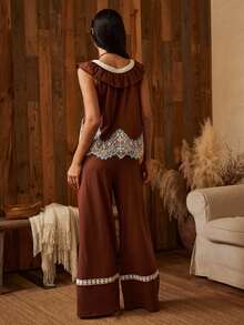 Lullawish Bohemian Style Women's Contrast Color Lace Ruffle Short Sleeve Long Pants Pajama Set - Brown - View 2