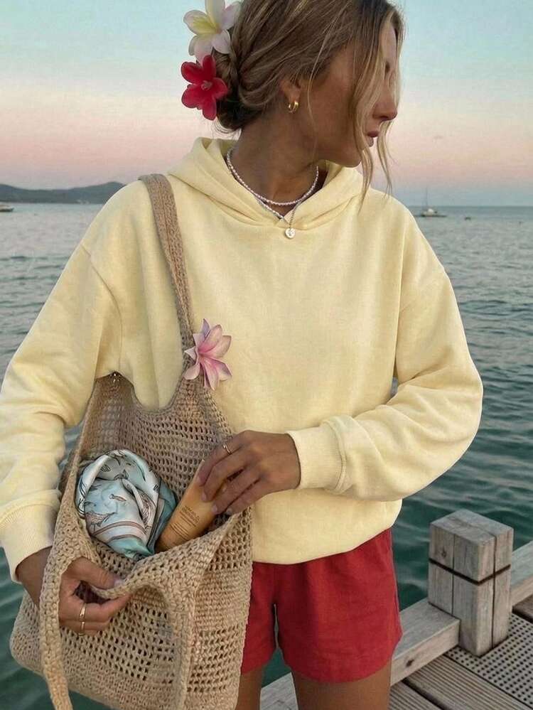 Veykashi 女款極簡休閒奶油黃素色套頭連帽衛衣（無抽繩，寬鬆版型）－適合春夏與秋冬穿著 - 彩色 - 查看 3