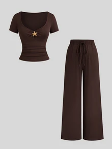 Sweetra Women's Autumn/Winter Brown Ribbed Knit Metal Starfish Decor Twisted Short Sleeve Slim Fit Top + Straight Leg Pants 2-Piece Set, Casual Cute Versatile For Outings, Dates And Daily Wear - Brown - View 1