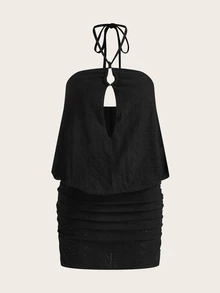 Opulessa Spring/Summer Vacation Knit Mesh Print Halter Neck Mini Dress For Women - Black - View 5