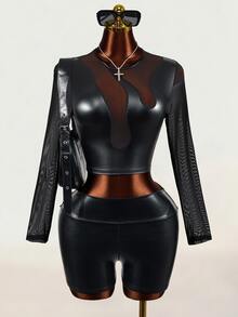 Mistrie Women's Sexy Goth Fitted Fashion Mesh Patchwork Cropped Top Halloween Night Out Clubbing Black Fall - Black - View 1