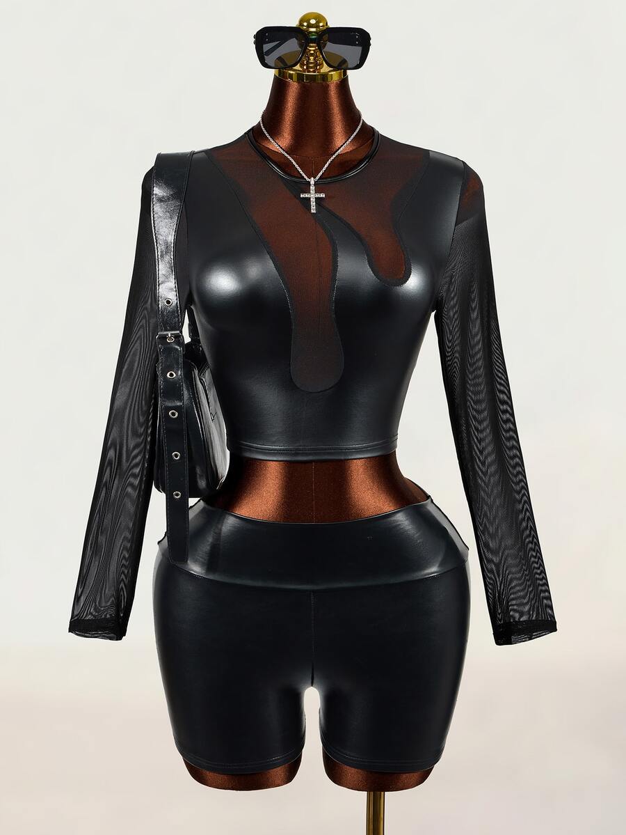 Mistrie Women's Sexy Goth Fitted Fashion Mesh Patchwork Cropped Top Halloween Night Out Clubbing Black Fall - Black - View 1
