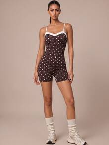 SHEIN BAE Women Brown Backless Cross Back Polka Dot Spaghetti Strap Athletic Romper Gym Workout Training Running Yoga Sports Bodysuit - Coffee Brown - View 6