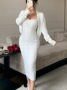 Feyla Women's Solid Color Long Sleeve Knit Cardigan And Camisole Knit Dress Elegant Set - White - View 6