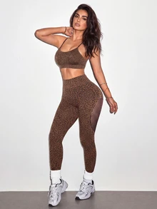 Slayform Seamless High Elasticity Sports Fitness Yoga Bra & Leggings Set With Sexy Leopard Print And Mesh Design - Brown - View 4