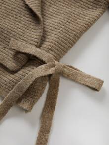 SHEIN Textured Knit Wrap Cardigan Featured With Wide Lapel And Side Tie. Cropped Silhouette Delivers Refin - Khaki - View 6