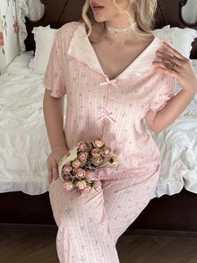 CottageSlumber Plus Size Knit Jacquard Romantic Jacquard Short Sleeve Long Pants Pajama Set - Baby Pink - View 5