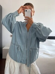 Dazy Tall Women's Small Stand Collar Waist-Cinching Casual Denim Top Fall - Light Wash - View 3