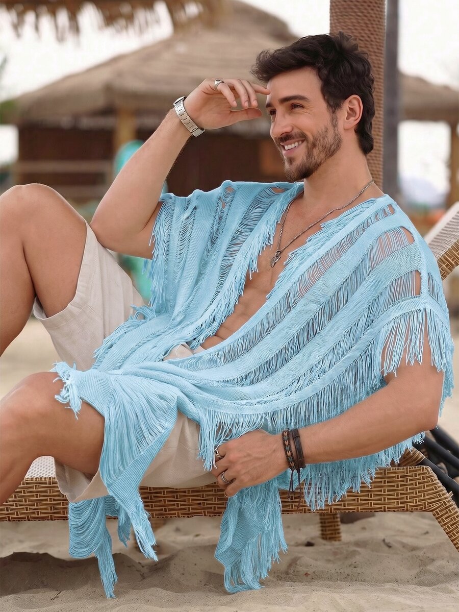 Ironwick Desain Fashion Baru Eropa & Amerika, Warna Polos, Kardigan Santai untuk Liburan, Kasual, dan Berumbai, Kemeja Pantai Bohemian Pria dengan Bagian Depan Terbuka - Biru - View 1